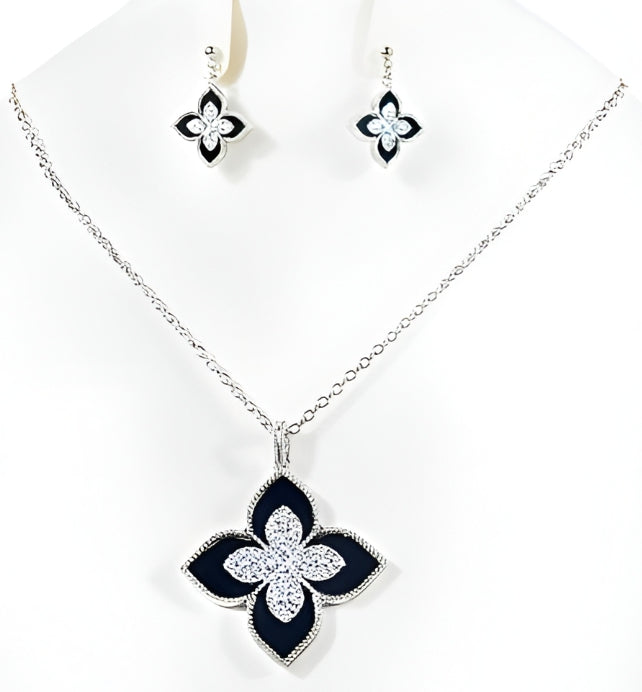 Black and Silver Floral Pendant Necklace & Earring Set