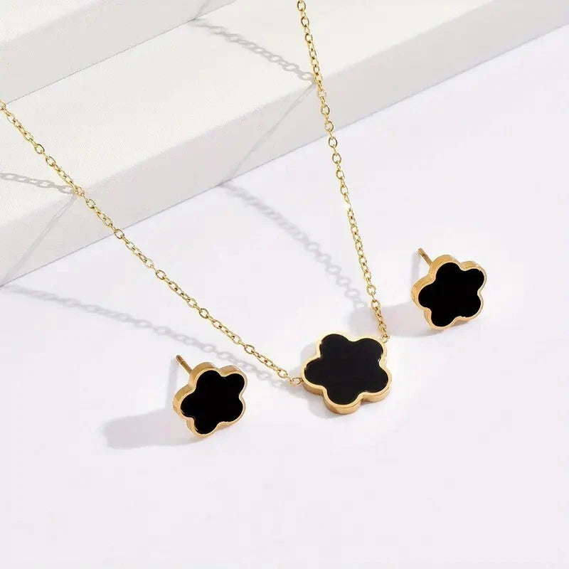 2in1 Black Clover Stainless Steel Necklace and Earrings Set – Gold-Tone Finish