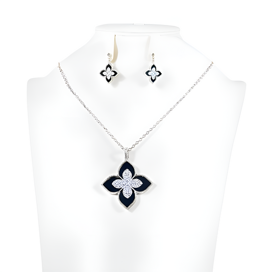 Black and Silver Floral Pendant Necklace & Earring Set