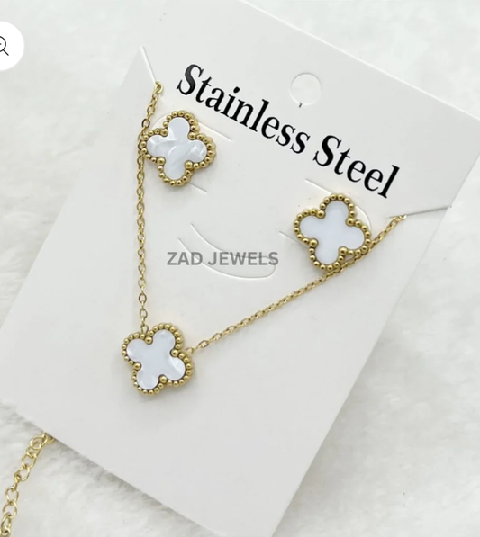 2in1  White Clover Stainless Steel Necklace and Earrings Set – Gold-Tone Finish