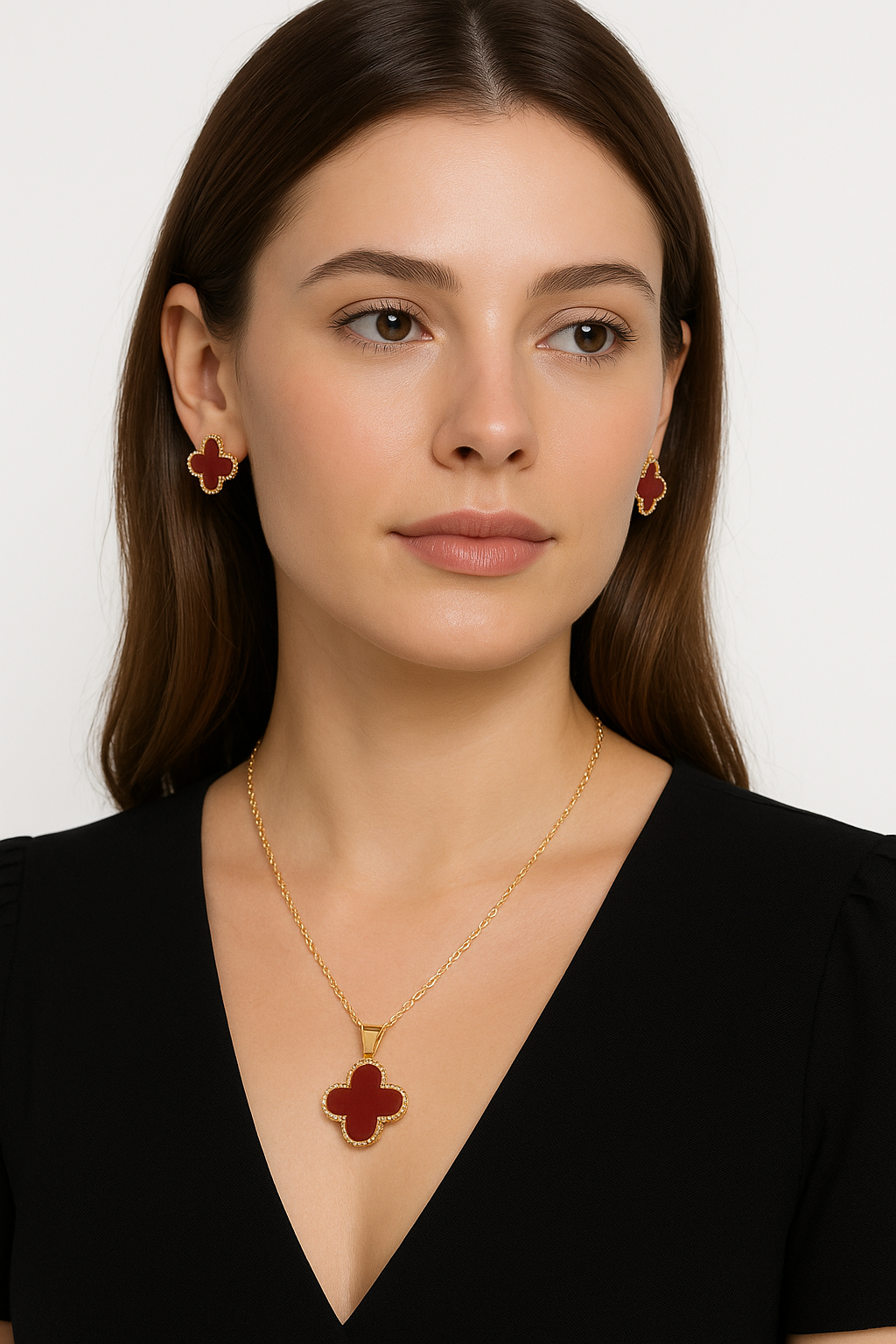 2in1 Elegant Clover Red Enamel Jewelry set