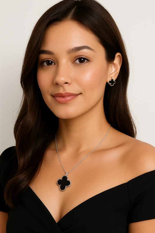 2in1 Black Clover Stainless Steel Necklace and Earrings Set – Gold-Tone Finish