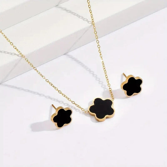 2in1 Black Clover Stainless Steel Necklace and Earrings Set – Gold-Tone Finish