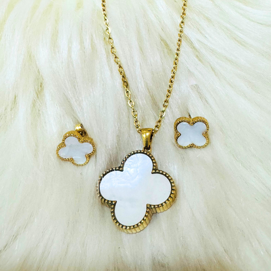 2in1  White Clover Stainless Steel Necklace and Earrings Set – Gold-Tone Finish